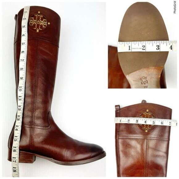 Tory Burch Kiernan leather Riding Boots gold logo size 7 - Picture 8 of 11